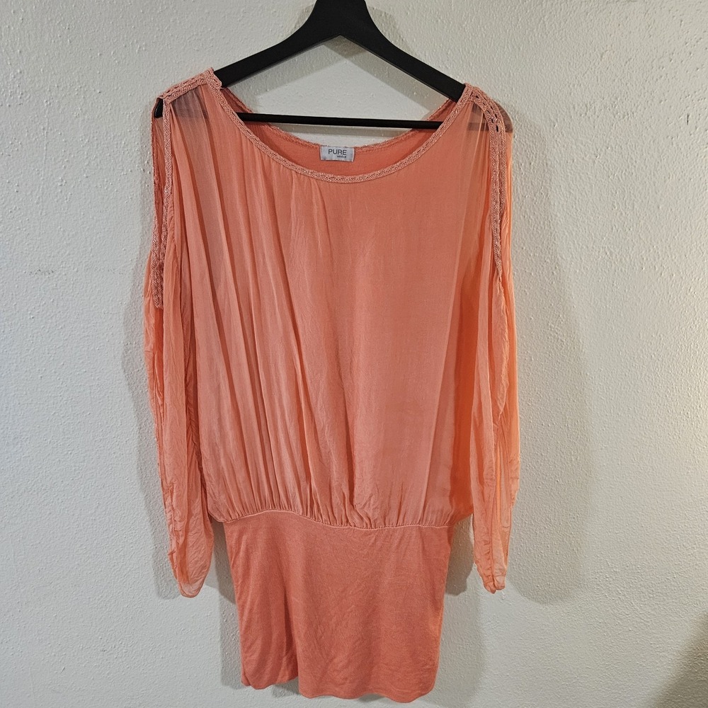 Pure Venice Silk Blend Blouse M Coral Orange Cold Shoulder Knit Hem Made In Ita